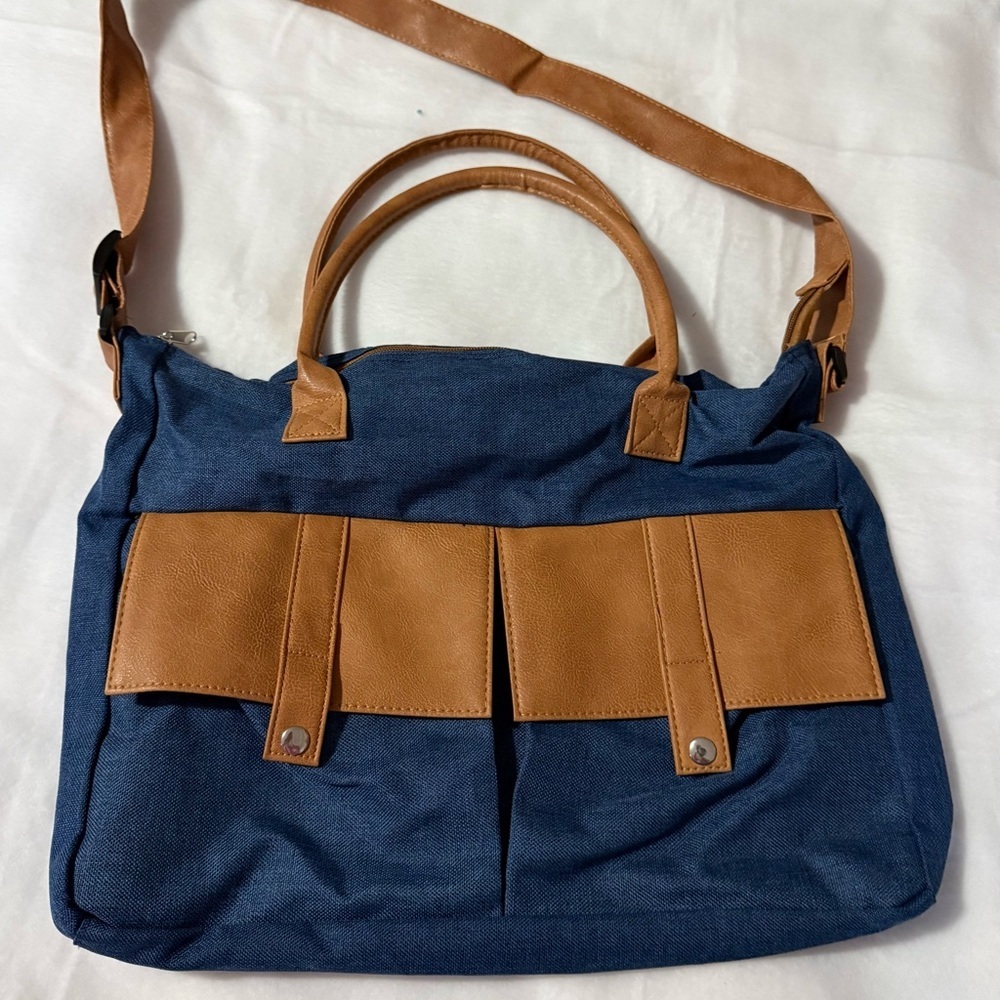 Canvas Faux Leather Satchel Tote Blue Tan Crossbody Strap